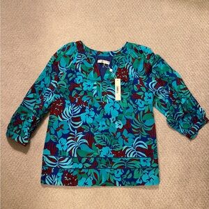 Trina Turk Kids Tropical Floral Blouse - Teal and Burgundy